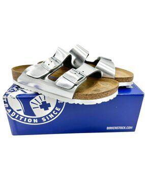 Birkenstock Arizona BS Silver Womens Sandals Size 38 Narrow Fit Soft Footbed 7US